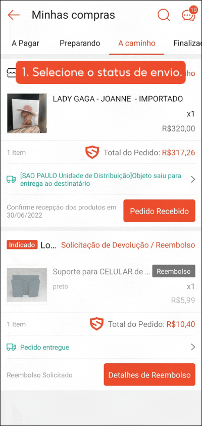 Status do pedido no rastreamento Shopee: etapas exibidas na tela do aplicativo