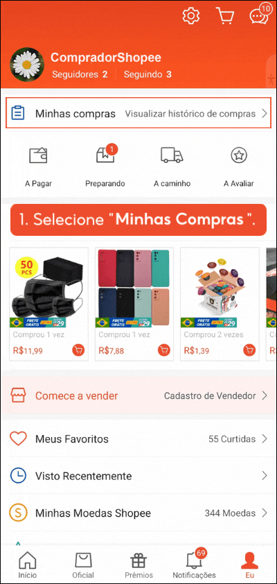 Rastreamento Shopee no aplicativo: tela mostrando onde acompanhar o rastreio do pedido