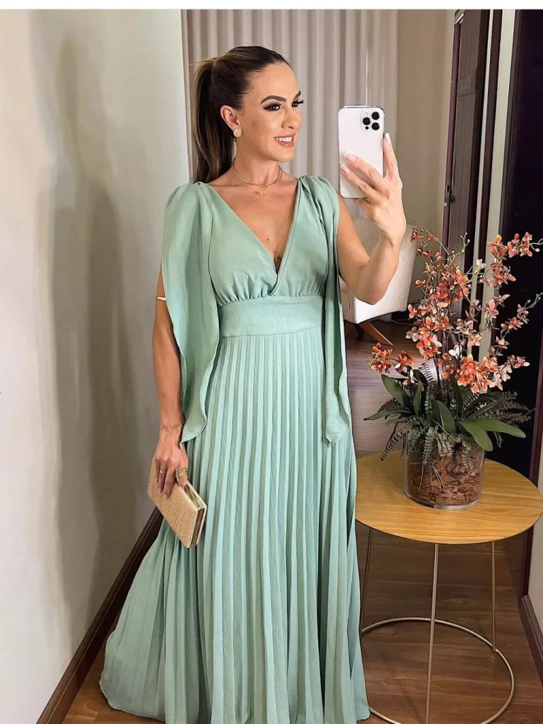 Vestido Plissado Decote V Vestido Para Madrinha de Casamentos e Festas Formaturas