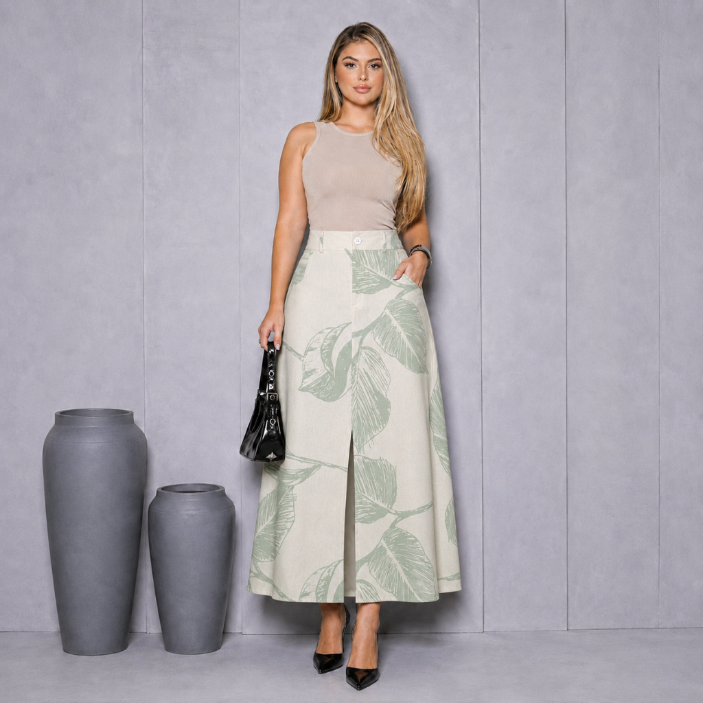Saia Midi em Linho com Fenda: leveza e elegância para o dia a dia Saia Midi em Linho com Fenda