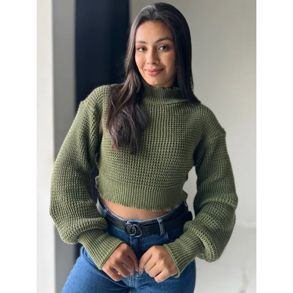 Blusa Cropped de Tricot com Manga Bufante Blusa cropped feminina de tricot com manga bufante