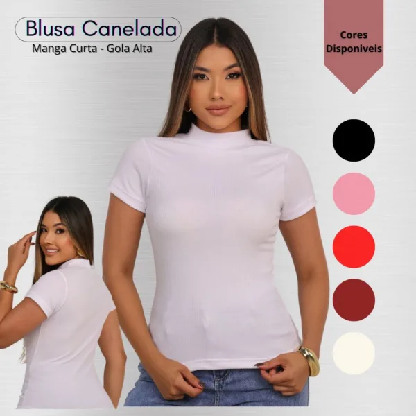 Blusa Feminina Canelada Gola Alta Manga Curta Blusa feminina canelada de manga curta com gola alta