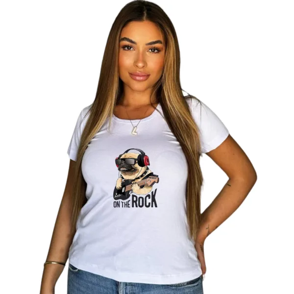 Blusa feminina estampada de pug para looks casuais Blusa feminina de manga curta com estampa Pug On The Rock