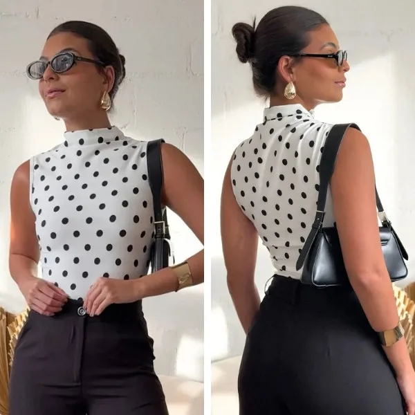 Blusa Feminina Poá Manga Curta Elegante e Estilosa Blusa feminina poá com bolinhas e manga curta