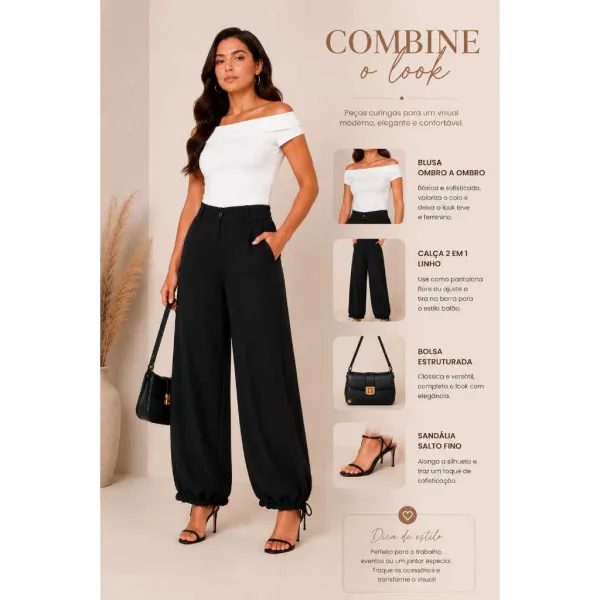 Calça Feminina 2 em 1 Pantalona ou Aladim Calça feminina linhão de cós alto com modelagem 2 em 1