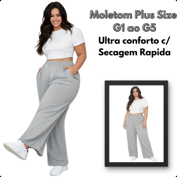 Calça Moletom Plus Size Reta Aveludada Cinza Calça moletom feminina plus size reta aveludada cinza mescla