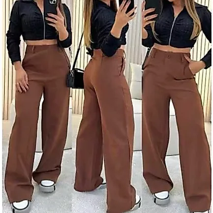 Calça pantalona de alfaiataria com cintura alta e bolso Calça pantalona feminina de alfaiataria com cintura alta e bolso