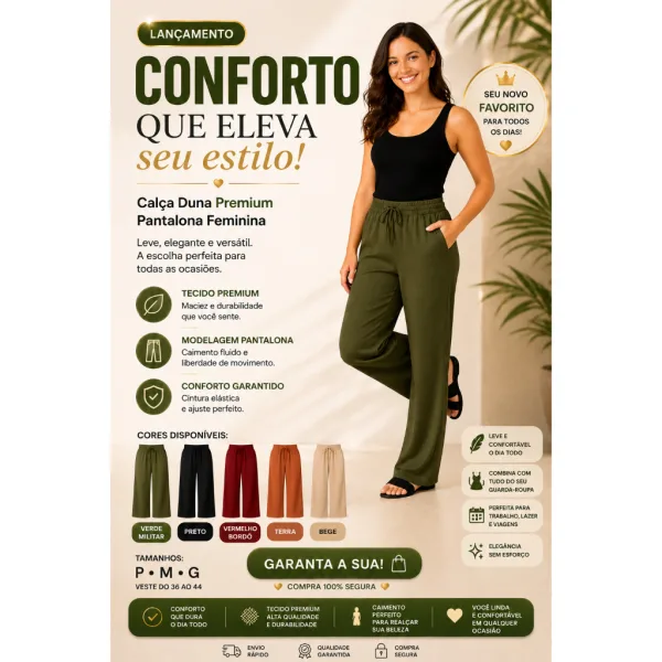 Calça Pantalona Feminina Duna para Looks Elegantes Calça pantalona feminina Duna Premium para looks elegantes