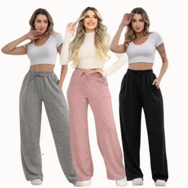 Calça Pantalona Feminina de Lanzinha Cintura Alta Calça pantalona feminina de lanzinha com cintura alta, bolso e elástico