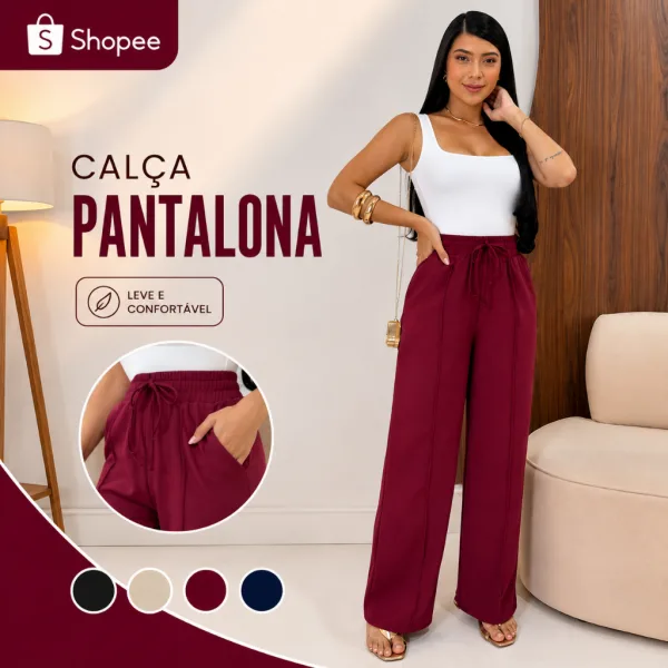 Calça Pantalona Feminina Soltinha com Bolsos Calça pantalona feminina Dunas soltinha com bolsos
