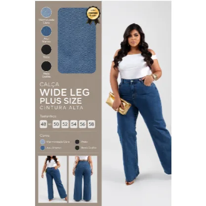 Calça pantalona jeans plus size wide leg com lycra Calça pantalona jeans feminina plus size wide leg com lycra