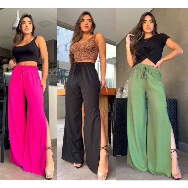 Calça Pantalona Feminina de Viscose com Forro Calça pantalona feminina de viscose com abertura lateral e forro