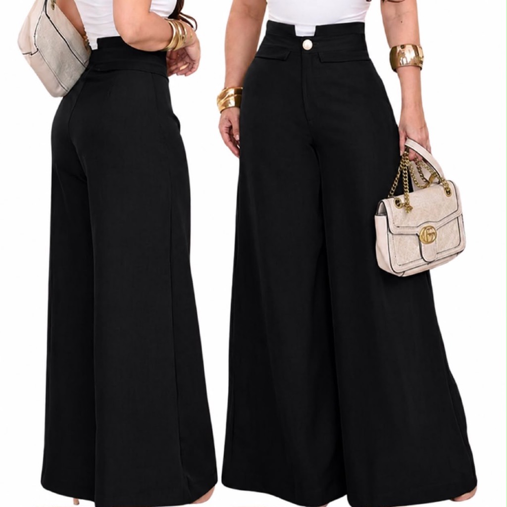 Calça Pantalona Wide Leg de Alfaiataria com Cós Alto Calça feminina pantalona wide leg de alfaiataria com cós alto e botão metal