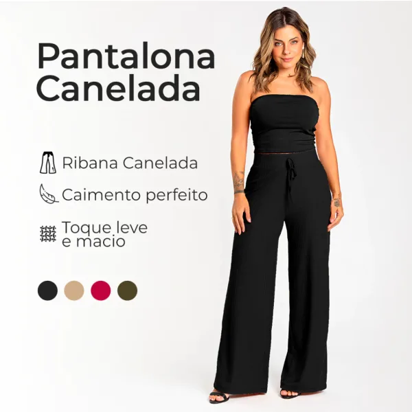 Calça Pantalona Wide Leg Canelada Feminina Calça pantalona feminina wide leg em ribana canelada