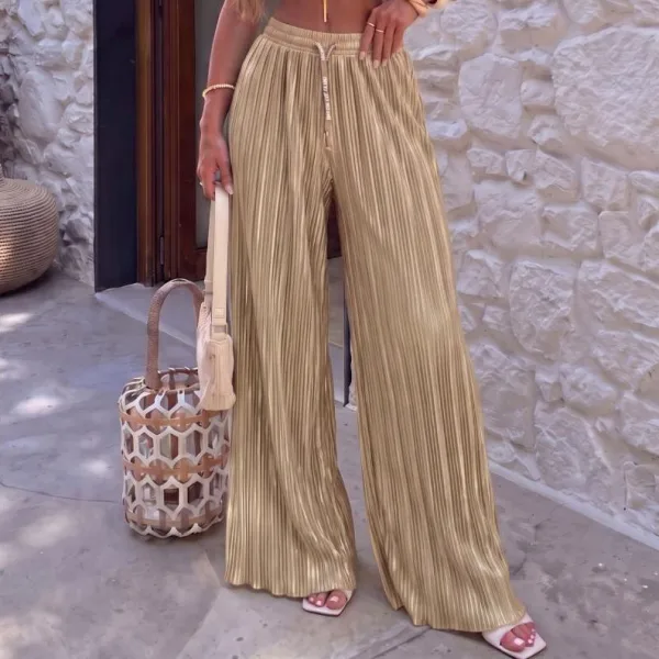Calça Pantalona Wide Leg Plissada Feminina Elegante Calça pantalona wide leg plissada feminina de cintura alta com brilho