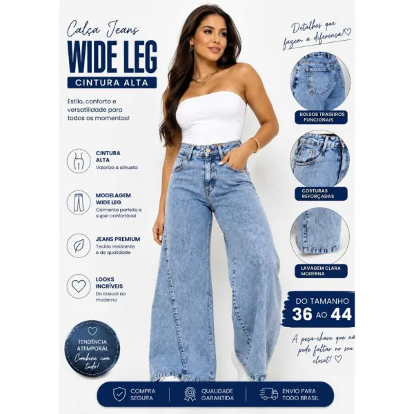 Calça Wide Leg Feminina em Lavagem Clara | Shopee Calça jeans feminina Wide Leg em lavagem clara