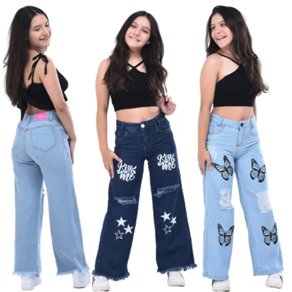 Calça Wide Leg Juvenil com Borboletas Jeans Calça wide leg infantil juvenil jeans estampada com borboletas