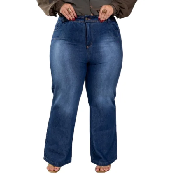 Calça Wide Leg Plus Size com Cintura Alta e Elástico Calça jeans feminina wide leg plus size com cintura alta