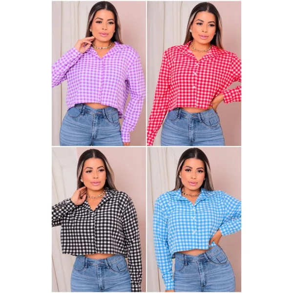 Camisa Cropped Xadrez Feminina Manga Longa Elegante Camisa cropped xadrez feminina de manga longa com botões frontais