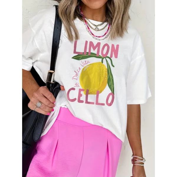 Camiseta Feminina de Limão Estampada para Verão Camiseta feminina branca estampada com limão e manga curta