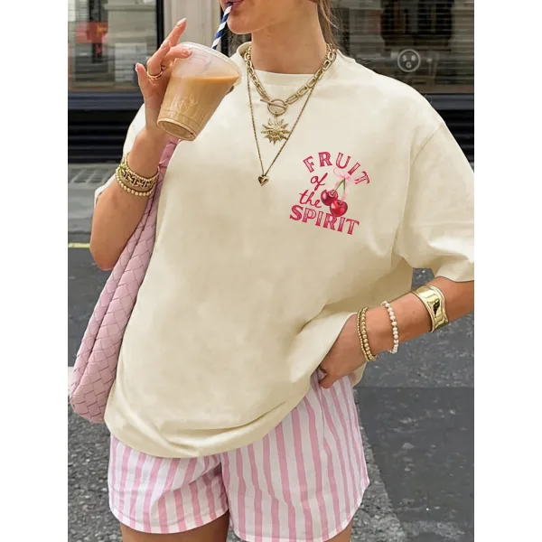 Camiseta Fruit of the Spirit Bege Cristã Casual Camiseta feminina bege estampada Fruit of the Spirit