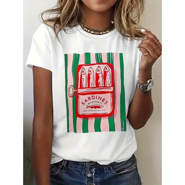 Camiseta Retrô Sardinha Feminina para Looks Casuais Camiseta feminina retrô com estampa de sardinha e gola redonda