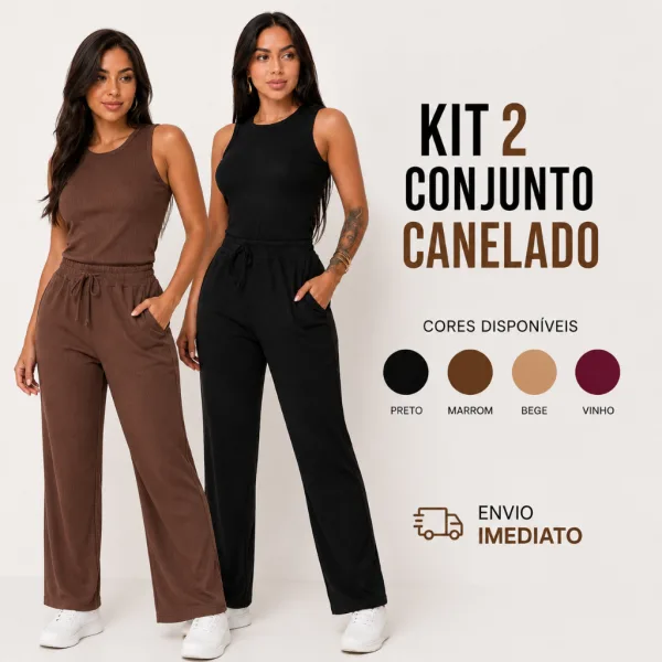Conjunto Canelado Wide Leg Feminino com Regata Conjunto canelado feminino com pantalona wide leg e regata
