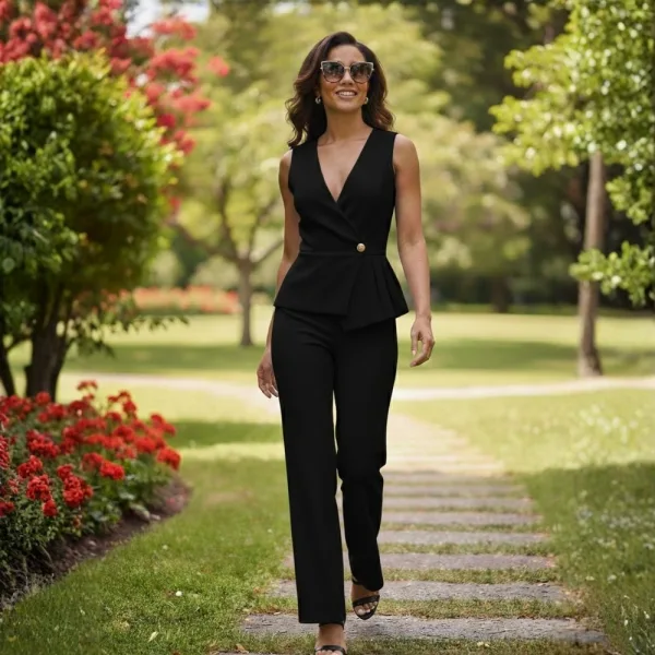 Conjunto Feminino de Alfaiataria Assimétrico com Plissado Conjunto feminino de alfaiataria assimétrico com detalhe plissado, botão dourado e decote V