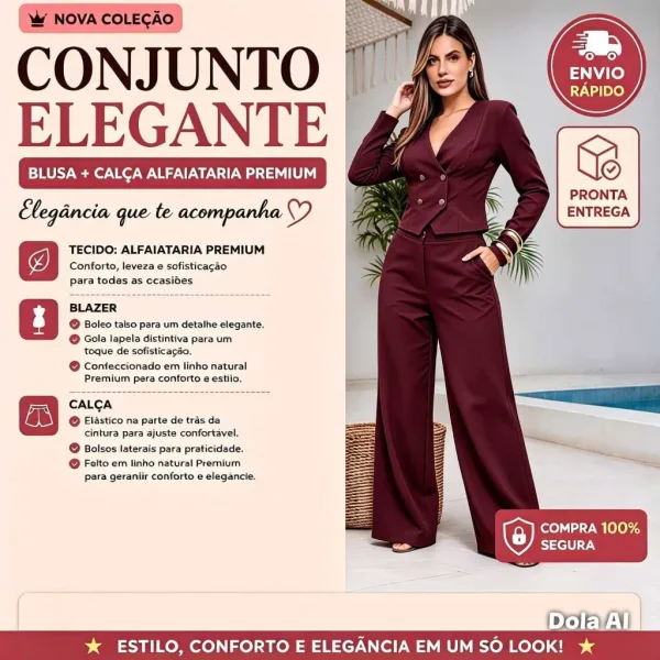 Conjunto feminino de alfaiataria com pantalona social Conjunto feminino de alfaiataria com calça pantalona e casaco social