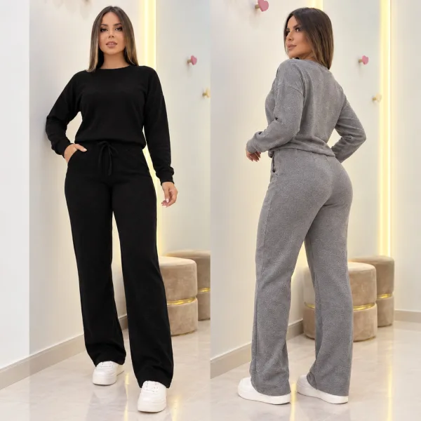 Conjunto Feminino Canelado com Calça Pantalona Conjunto feminino de malha canelada com blusa de manga longa e calça pantalona