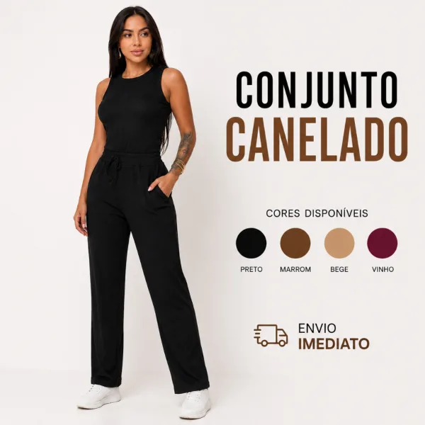 Conjunto Feminino Canelado Wide Leg com Regata Conjunto feminino canelado com calça wide leg pantalona e regata