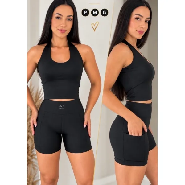 Conjunto feminino de corrida com short e bolso Conjunto feminino de corrida com short com bolso e blusa frente única