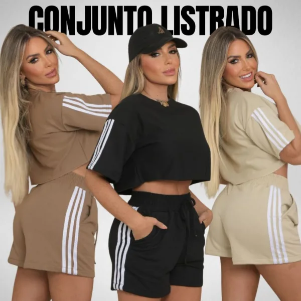 Conjunto Feminino Listrado com Shorts e Cropped Conjunto feminino listrado com shorts de moletom e blusa cropped