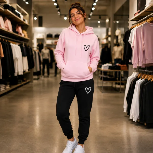 Conjunto feminino de moletom com capuz e corações Conjunto feminino de moletom com blusa de capuz, calça e corações minimalistas