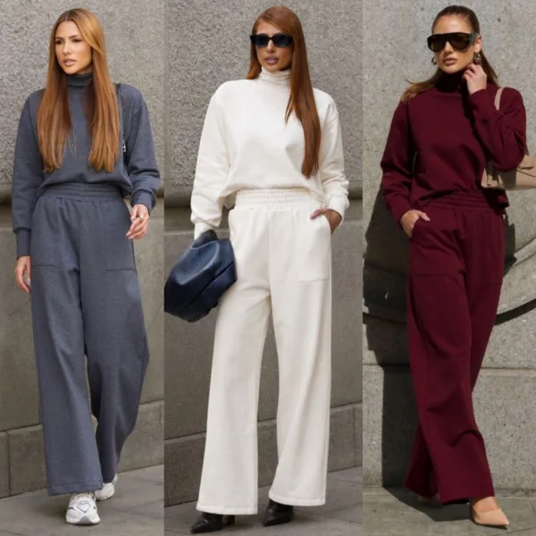 Conjunto feminino de moletom para looks elegantes Conjunto feminino de moletom com calça pantalona e blusa de gola alta