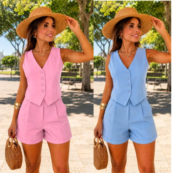 Conjunto feminino de short e colete social em alfaiataria Conjunto feminino social com short e colete em alfaiataria