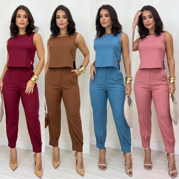Conjunto feminino social de alfaiataria para advogada Conjunto feminino social de alfaiataria com calça com punho e regata com detalhe lateral