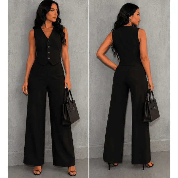 Conjunto feminino social com colete e calça pantalona Conjunto feminino social com blusa, colete e calça pantalona