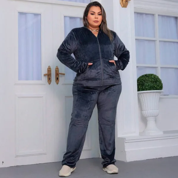 Conjunto feminino de veludo plus size para uso casual Conjunto feminino de moletom em veludo plus size com manga longa