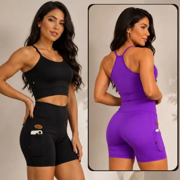Conjunto fitness feminino de alta compressão para academia Conjunto fitness feminino de alça para academia