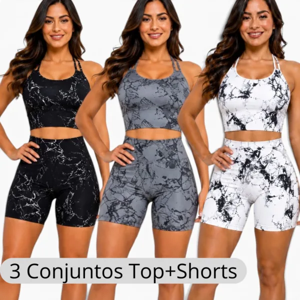 Conjunto Fitness Feminino Marmorizado com Top e Short Conjunto fitness feminino marmorizado com top de bojo removível e short de cintura alta