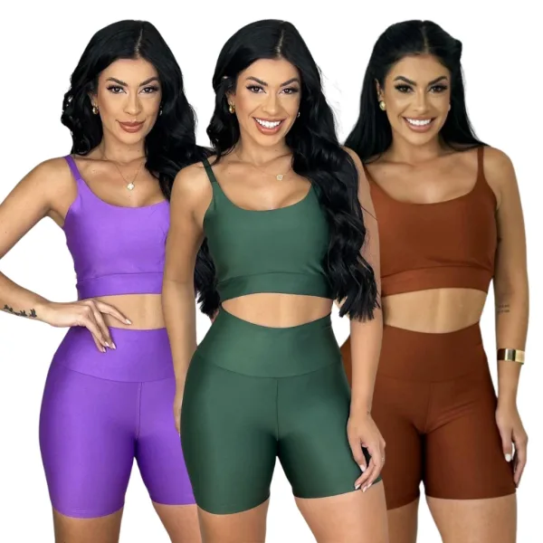 Conjunto fitness feminino com short e top removível Conjunto fitness feminino com short e top de bojo removível