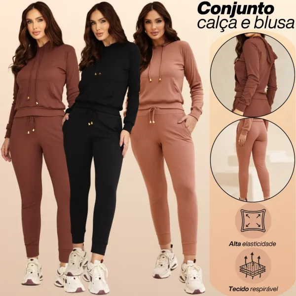 Conjunto Jogger Feminino de Moletom com Capuz Conjunto feminino com calça jogger e blusa canguru com capuz