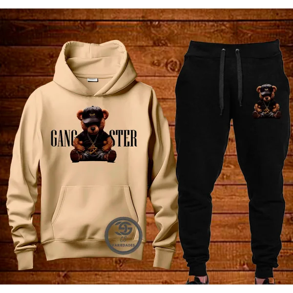 Conjunto de Moletom Feminino Streetwear com Capuz Conjunto feminino de moletom streetwear com blusa de capuz, calça e estampa de urso