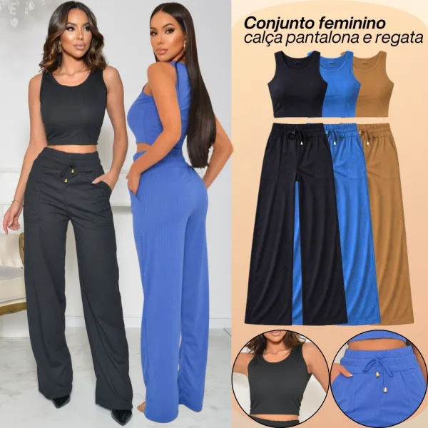 Conjunto Pantalona Canelado Feminino para o Verão Conjunto feminino com calça pantalona e regata canelada de cintura alta