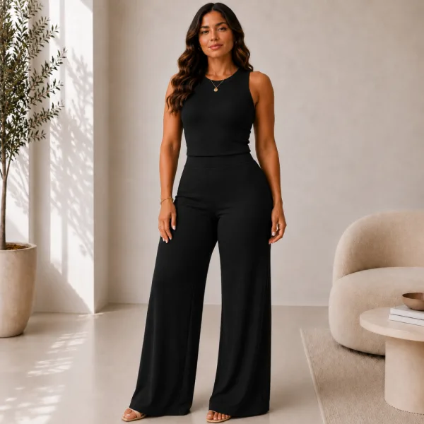 Conjunto Feminino Pantalona com Cropped Elegante Conjunto feminino com calça pantalona e cropped elegante
