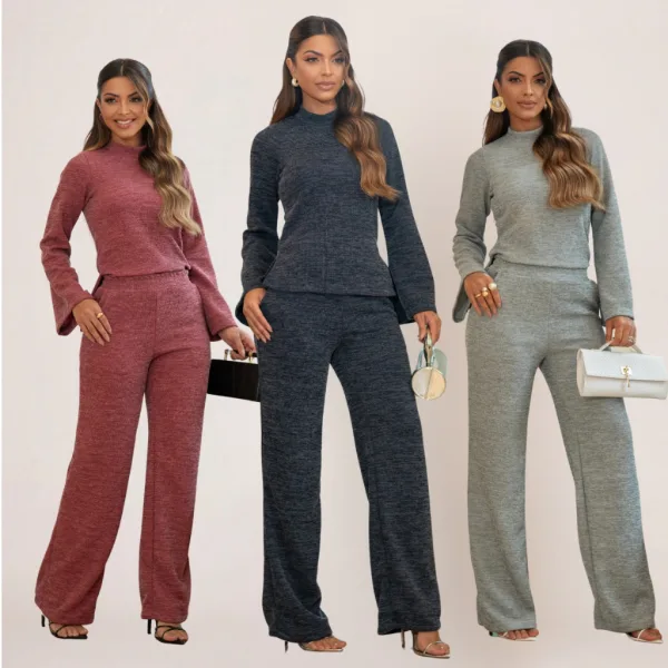 Conjunto pantalona wide leg e blusa de tricô para o frio Conjunto feminino com calça pantalona wide leg e blusa de gola alta de tricô