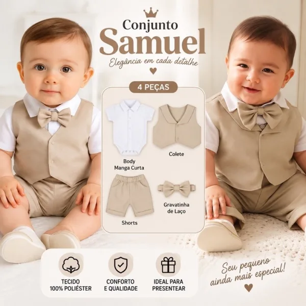 Conjunto social para bebê menino com 4 peças Conjunto social para bebê menino com body, colete, shorts e gravata