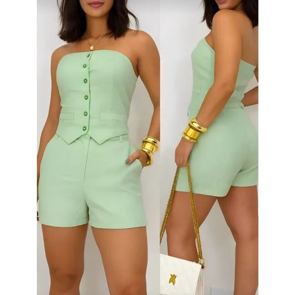 Conjunto Social Feminino com Tomara que Caia e Shorts Conjunto feminino social com top tomara que caia e shorts de alfaiataria