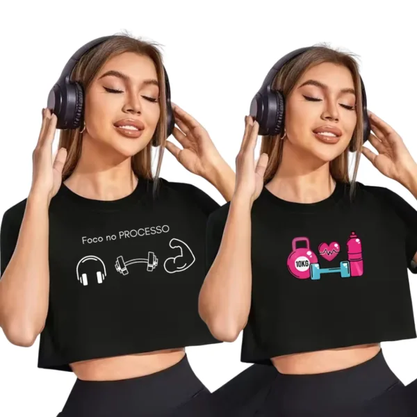 Cropped Feminino Preto para Academia e Looks Casuais Cropped feminino preto 100% algodão com estampas para academia